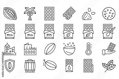Set of Linear Chocolate Icons – Beans, Bars, Cookies, and More