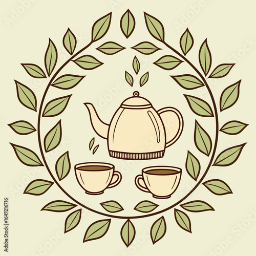 Charming tea time illustration with teapot cups and leafy wreath