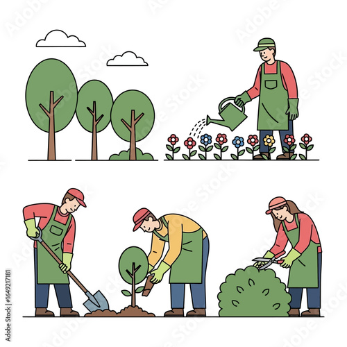 Gardeners' Harmony: Gardeners engage in nurturing tasks in a harmonious scene, cultivating nature's beauty.