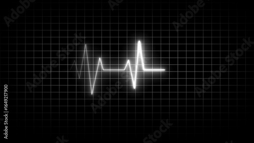 White Neon Heartbeat Line on Dark Grid Background electrocardiogram