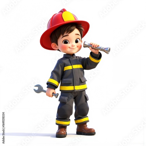 Cartoon firefighter holding tools, dressed in uniform with helmet