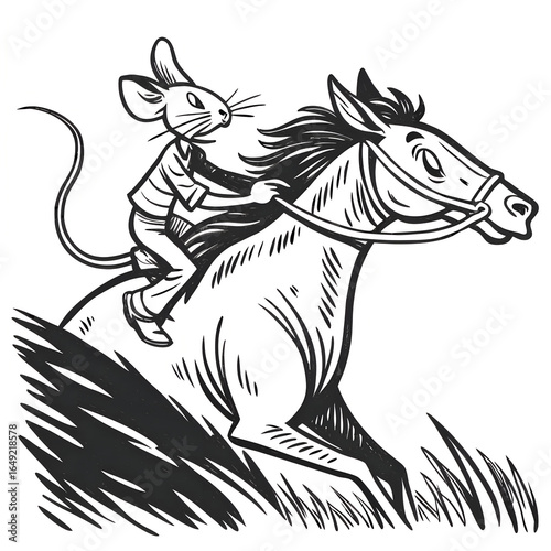 Wallpaper Mural mouse riding a galloping cat like a horse sketch engraving generative ai fictional character vector illustration. Scratch board imitation. Black and white image. Torontodigital.ca