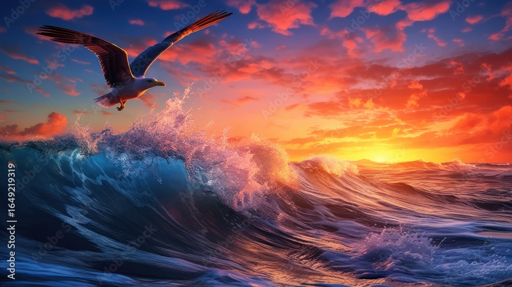 Obraz premium dramatic sunset seascape, crashing waves, seagulls flying, vibrant colors, moody skies, digital art, cinematic composition, photorealistic, 8k, highly detailed 