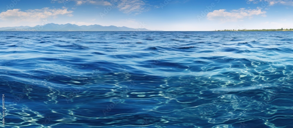 Fototapeta premium A vast, serene ocean with calm, deep blue waters stretching out to the horizon, under a bright, hazy sky with scattered wispy clouds, highly detailed, realistic, cinematic, 8k, award-winning photograp
