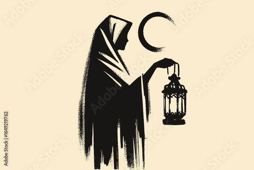 Woman holding lantern under crescent moon ink silhouette vector illustration