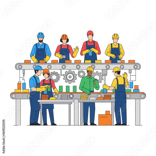 Industrial assembly line workers: Illustrating a detailed, multi-ethnic team engaged in an industrial setting, working diligently at various stations along a conveyor belt.