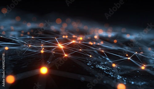 Abstract network of glowing points and lines.  Complex, intricate connections form a dense web.  Dark background with scattered, orange-glowing points