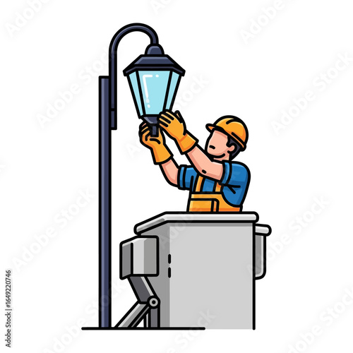 Streetlight Maintenance: A skilled worker, elevated in a hydraulic lift, meticulously services a classic street lamp, his actions a testament to dedication and precision. 
