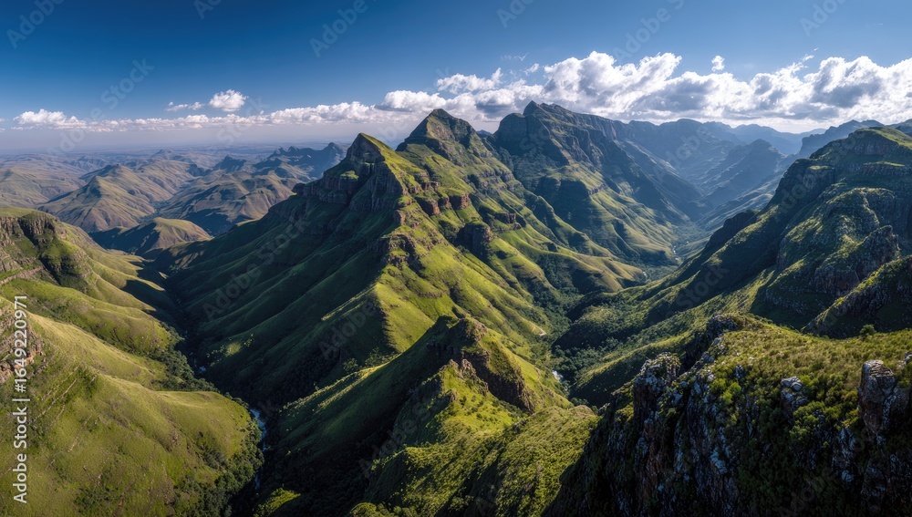 Fototapeta premium Panoramic mountain vista. Lush green slopes and valleys, rugged peaks, and a clear blue sky