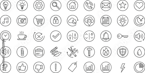 Collection of thin line style icons representing various functions and symbols in circles design