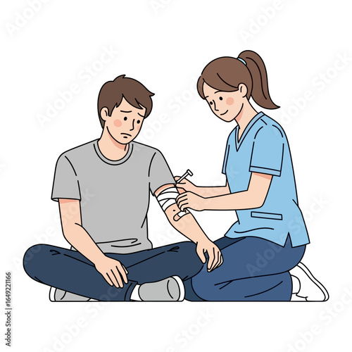 First Aid Scene: A compassionate medical professional carefully bandages an injured man's arm, offering comfort and care. Capturing the essence of healthcare and empathy in a moment of need.