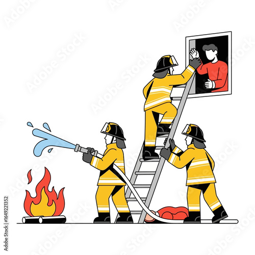 Firefighters in Action: A team of brave firefighters courageously battling flames to rescue an individual, symbolizing heroism, emergency response, and community safety. 