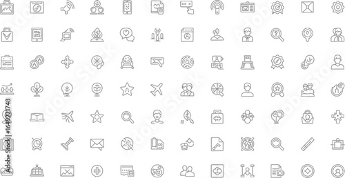 A collection of various outline icons arranged in a grid pattern on a plain white background design
