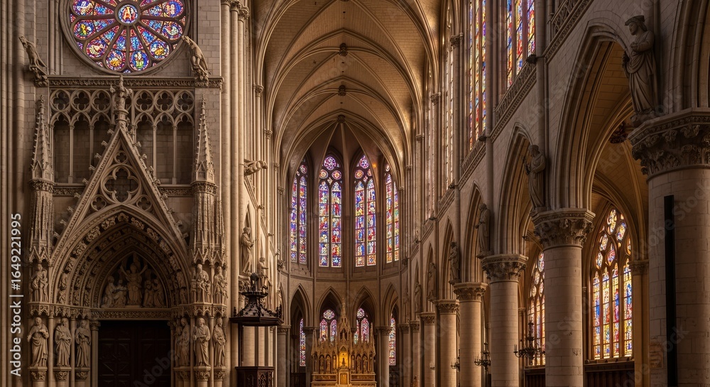 Fototapeta premium Grand cathedral interior with stained glass windows, arches, columns