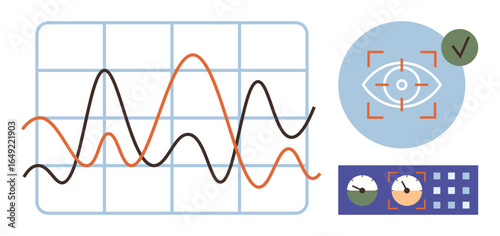 Graph with fluctuating lines, analytics dashboard, and eye focus tracking. Ideal for data analysis, research, statistical insight, monitoring, innovation, automation and simple flat metaphor