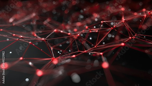 Abstract network of interconnected points and lines in a dark red and black design