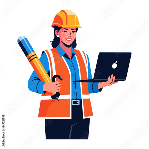 Engineer's Blueprint: A focused female engineer, clutching a massive blueprint and a laptop, exudes confidence in her design, blending skill and determination.