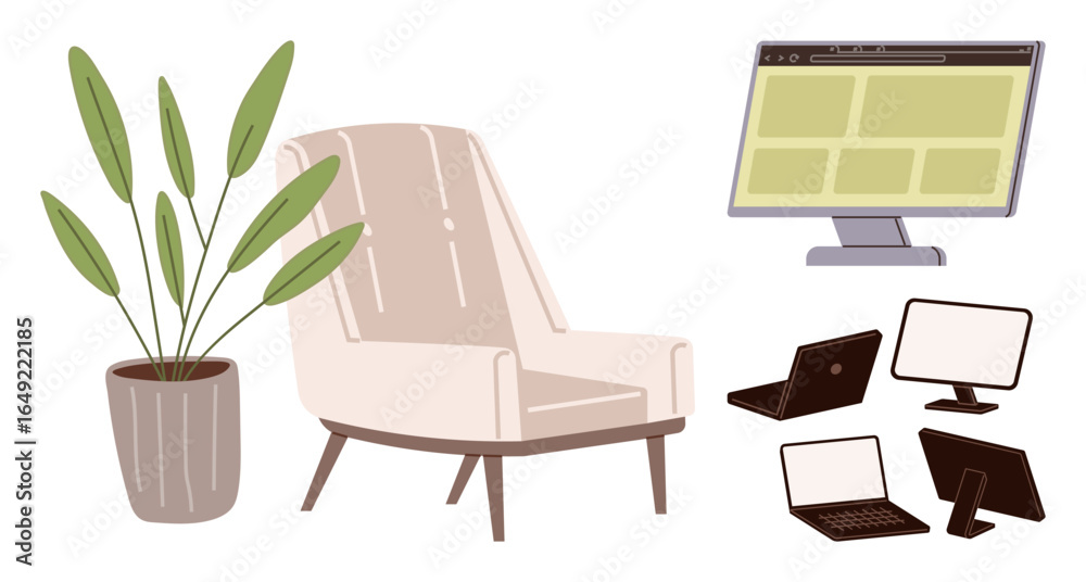 Fototapeta premium Armchair beside potted plant, with desktop monitor, laptop, and screens nearby. Ideal for remote work, productivity, technology, ergonomics, comfort modern lifestyle simple flat metaphor