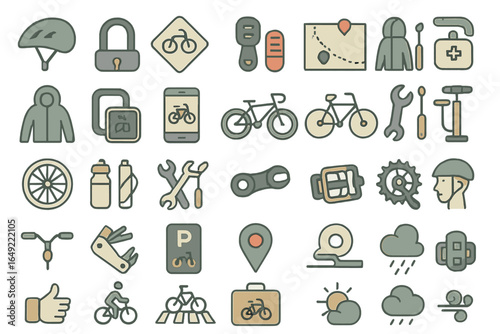 Bicycle-related icons showcasing tools, accessories, safety gear, and navigation symbols for cyclists in various settings and conditions