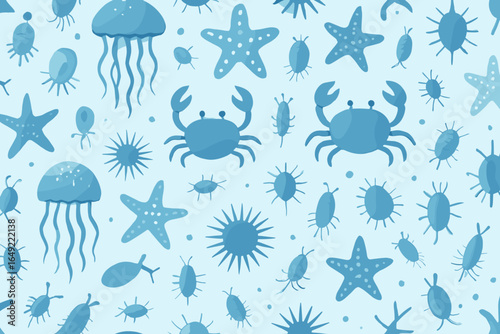 Colorful underwater pattern featuring jellyfish, crabs, and various sea creatures on a light background