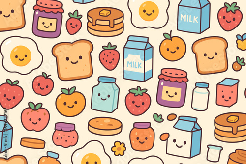 Colorful breakfast food pattern featuring pancakes, fruits, and dairy on a light background