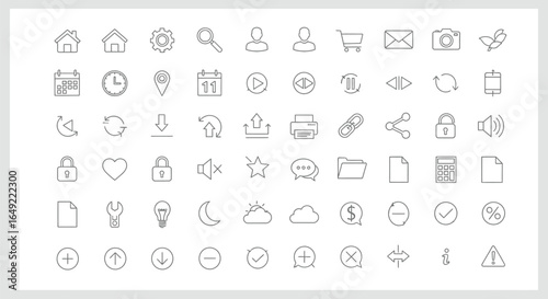 Collection of various thin line icons representing different functions and symbols on a white background