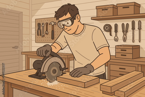 Skilled carpenter uses circular saw to cut wooden planks in a workshop during the day