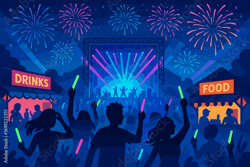 Music festival atmosphere with colorful lights, fireworks, food stalls, and enthusiastic crowd enjoying the night