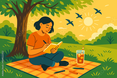 Young person enjoys a sunny afternoon writing in a notebook on a picnic blanket with a refreshing drink nearby