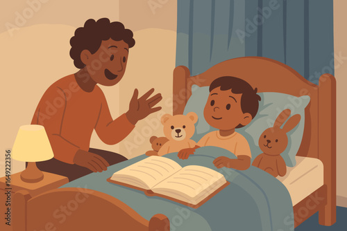 Storytime at bedtime with a child and parent sharing a cozy moment and playful toys in a warmly lit room