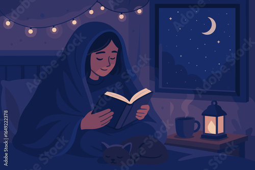 Cozy night of reading under a blanket with a warm drink and a cat companion in a softly lit bedroom