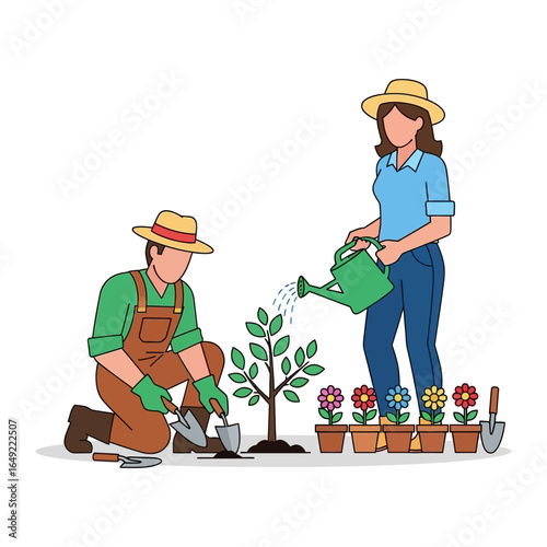 Cultivating Growth Together: A pair of gardeners plant and nurture vibrant flowers, fostering growth and harmony in the garden.