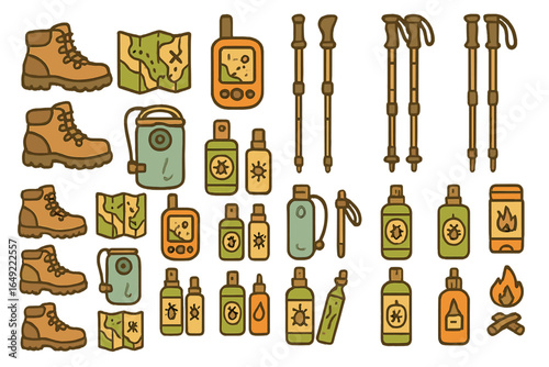 Explore hiking gear and supplies with boots, maps, water bottles, and adventure tools for outdoor enthusiasts in nature