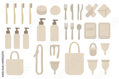 Sustainable bathroom essentials including bamboo toothbrushes, soap, and reusable bags arranged neatly