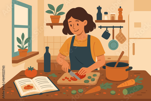 Woman cooking in a cozy kitchen while chopping vegetables and following a recipe during daylight hours