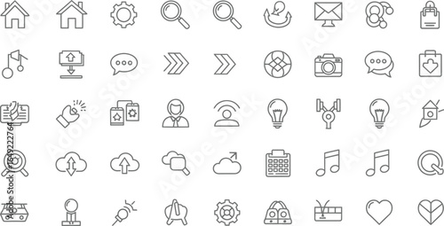 A collection of various line art icons arranged in a grid pattern on a plain white background design