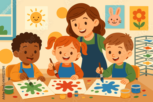 Children enjoy creative time with paint in an art classroom led by an enthusiastic teacher