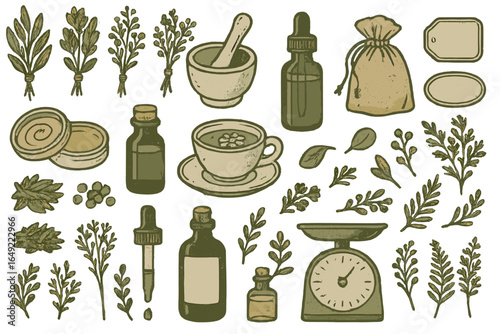 Herbal remedies and natural ingredients are arranged in an aesthetic display for wellness and relaxation purposes
