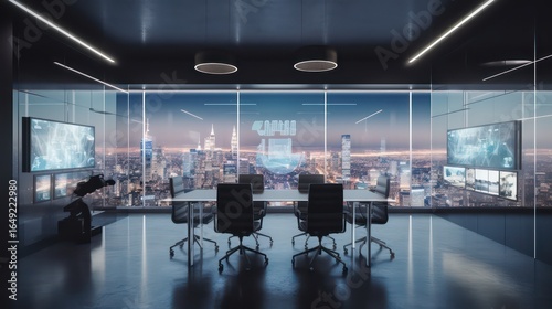 Wallpaper Mural Glass-walled meeting room with city view and financial data screens Torontodigital.ca