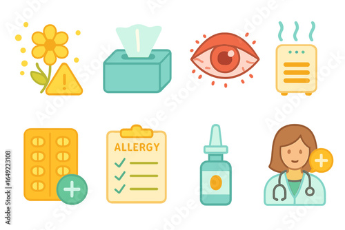 Visual representation of allergy symptoms and remedies presented through colorful icons featuring flowers, tissues, and medical elements
