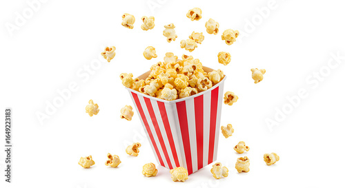 bucket of popcorn, Popcorn flying out of red white striped paper box isolated on white, transparent background, PNG, with copy space. Splash, levitation of popcorn grains., box of popcorn