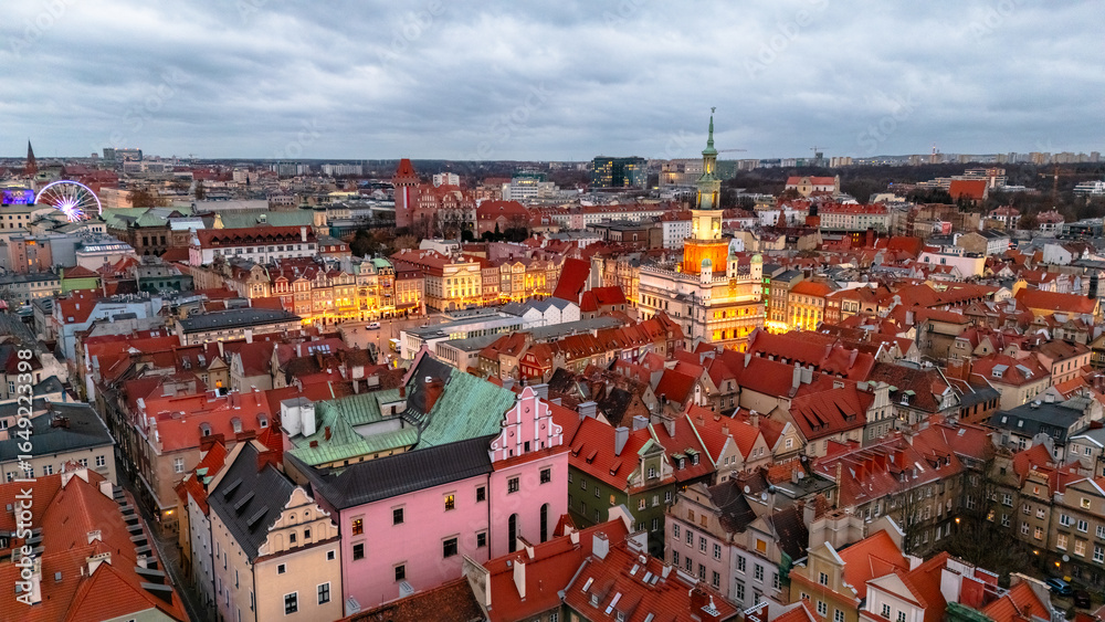 Fototapeta premium evening view of central square of poznan in winter at sunset