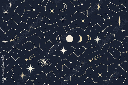 Night sky filled with constellations, moons, and stars captured in intricate design