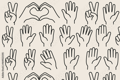 Creative hand gestures composed of line art on a neutral background showcasing symbols of peace and love