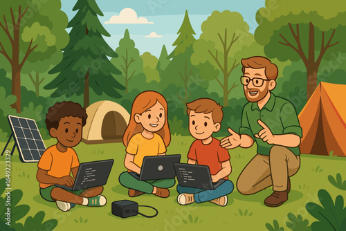 Kids learn coding outdoors during a sunny day at a summer camp with a mentor guiding them in nature