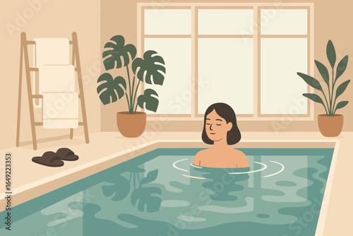 Relaxing moments in a serene indoor pool with plants and towels nearby during a tranquil morning