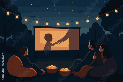 Family movie night under the stars with popcorn and cozy seating in a serene outdoor setting