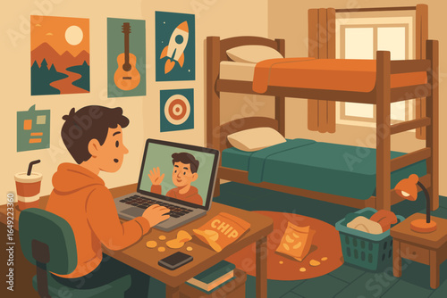 Student engaged in online video call from a cozy bedroom featuring bunk beds and snacks in a vibrant setting