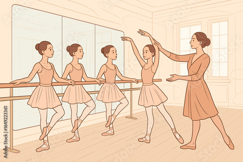 Young ballet dancers practice their skills under the guidance of an instructor in a bright studio