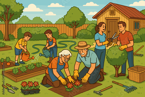 Gardening activity in a backyard with families cultivating plants and flowers during a sunny day